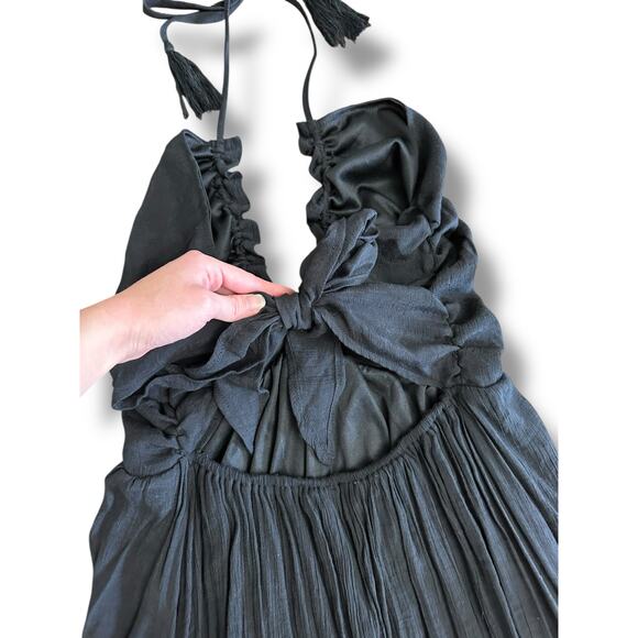 Entro Black Tassel Halter Ruched Maxi Dress L Crinkle Gauze, Lined, Style D16680 - Picture 8 of 10